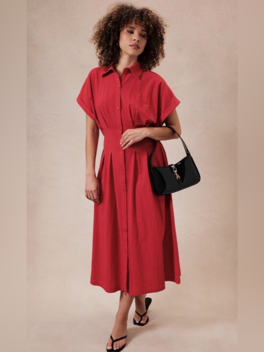 80. Button-Front Red Midi Shirt Dress - Women